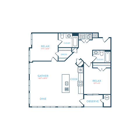 Floor plan for 2 beds, 2 baths, 1289 sqft